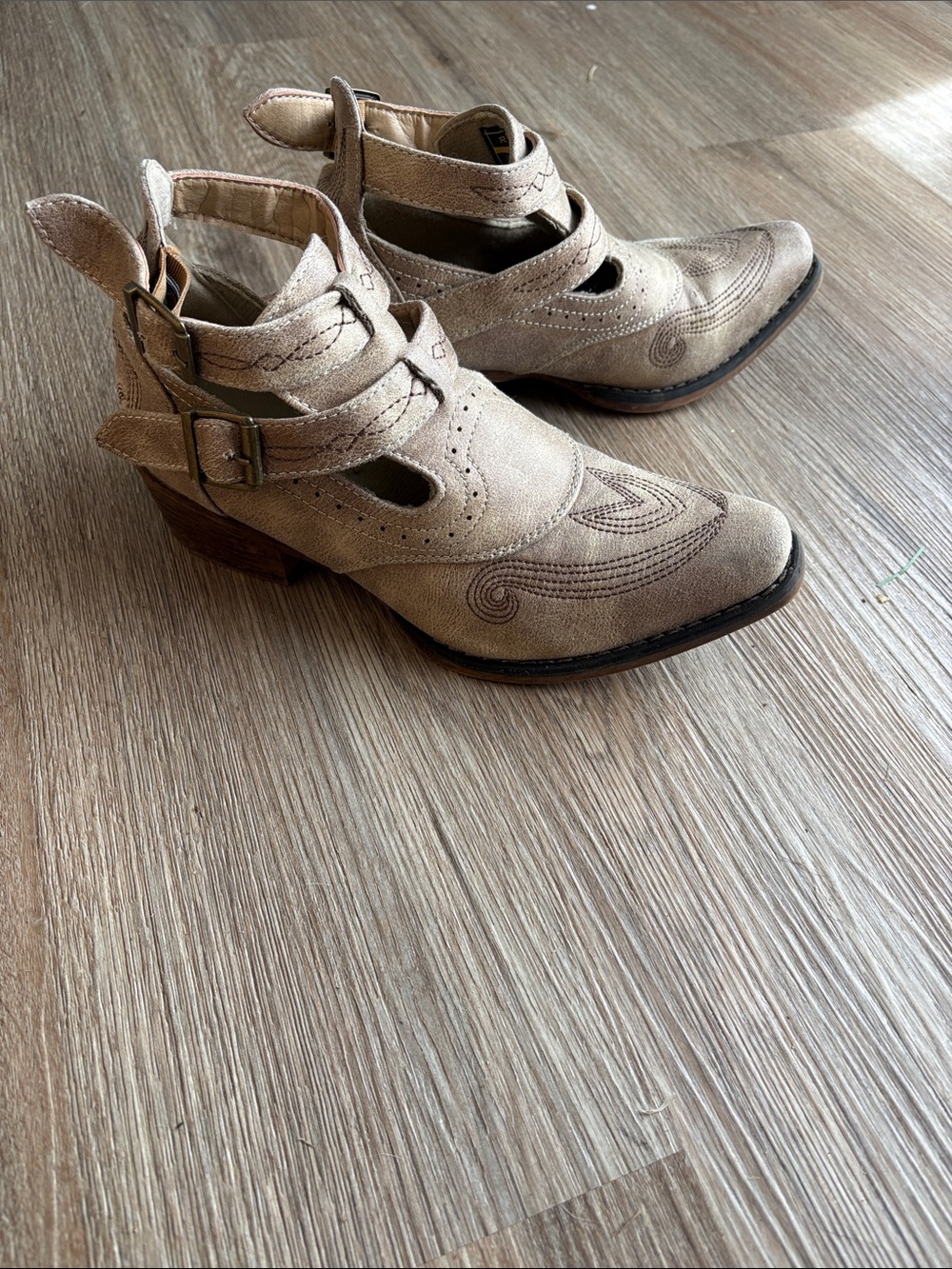 Roper Beige/Tan Suede Cutout Ankle Booties with Buckle Straps
